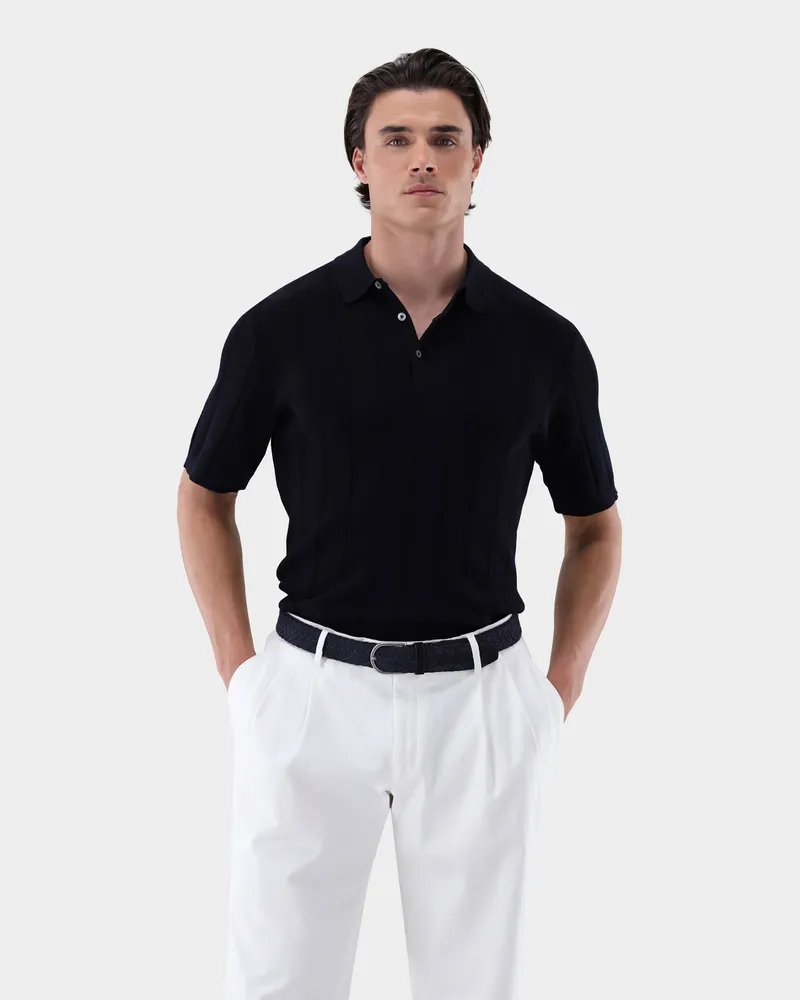 van Laack Strick-Poloshirt mit Jacquard Streifen Blau