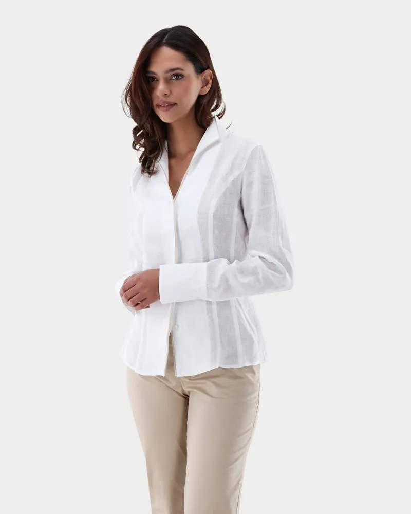 van Laack Kelchkragenbluse aus Leinen mit glänzendem Detail Weiß