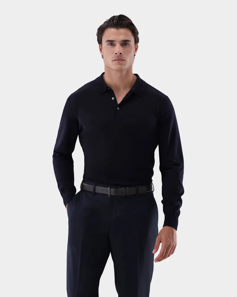 van Laack Poloshirt Langarm aus ultrafeiner Merinowolle Blau