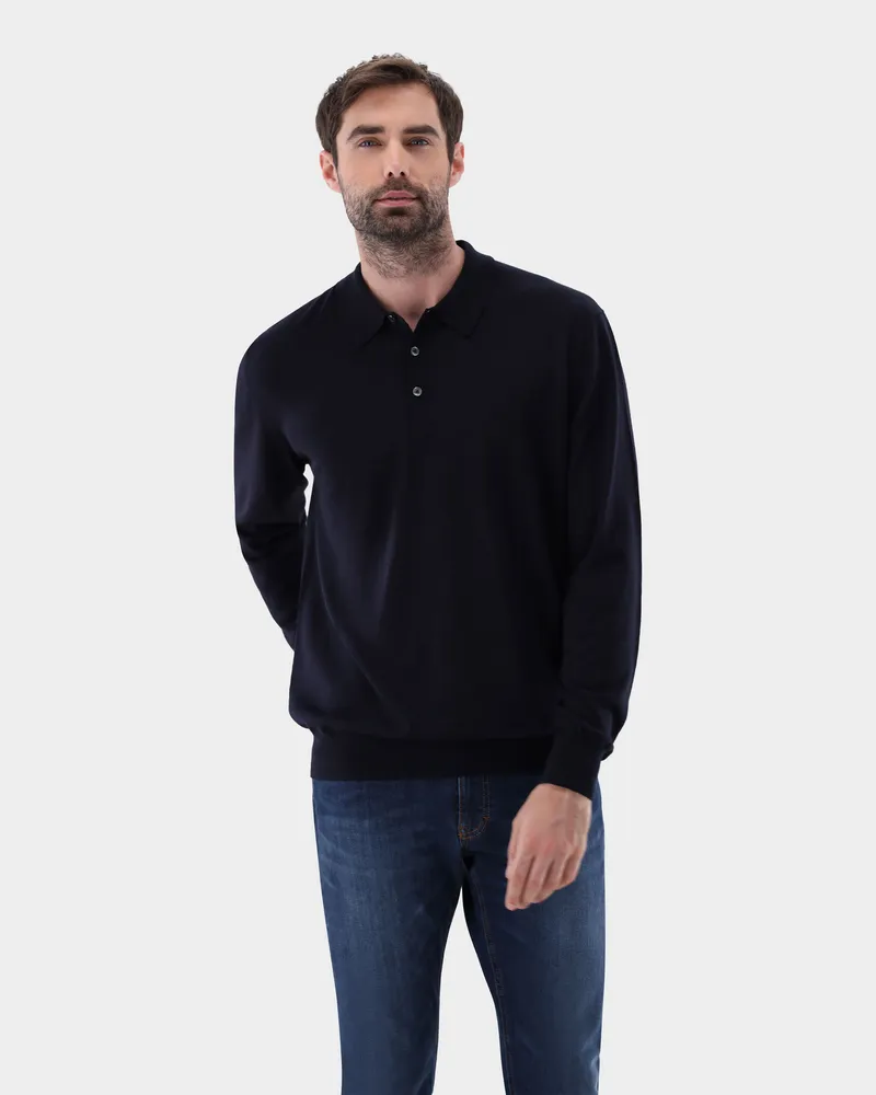 van Laack Poloshirt Langarm aus ultrafeiner Merinowolle Blau