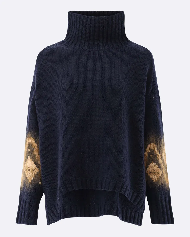 van Laack Rollkragenpullover oversized mit Muster an Ärmeln Blau