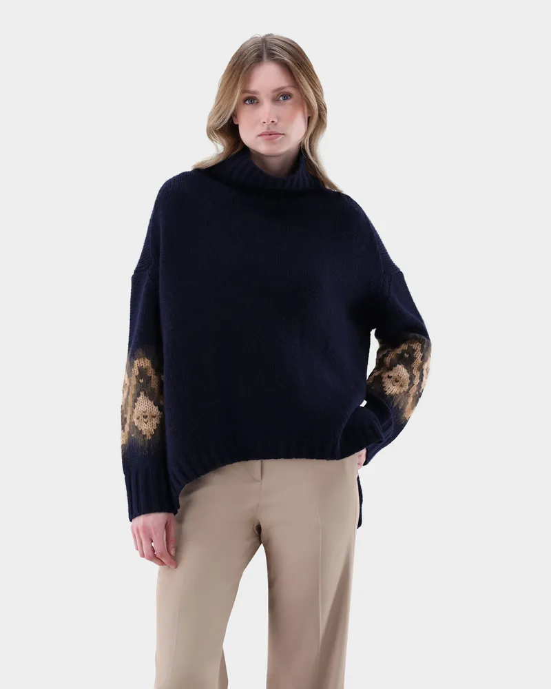 van Laack Rollkragenpullover oversized mit Muster an Ärmeln Blau