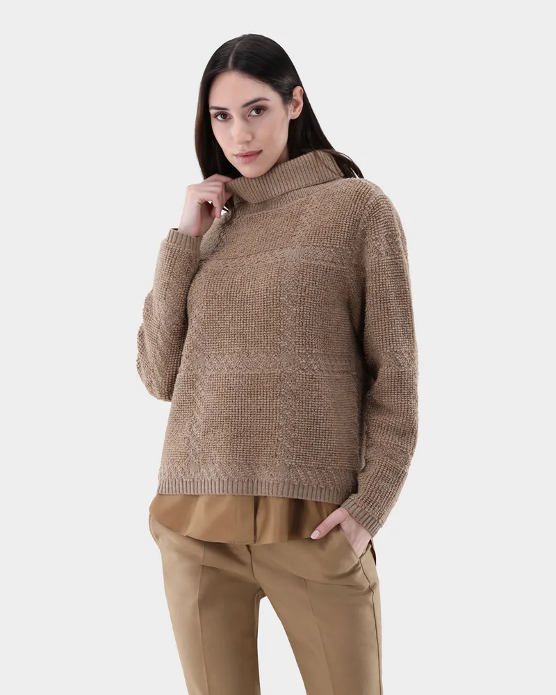 van Laack Oversized Rollkragenpullover mit Karo-Struktur Beige