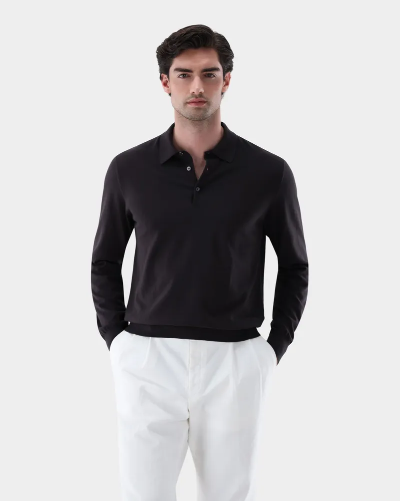 van Laack Langarm Strick-Poloshirt mit Baumwolle und Seide Beige