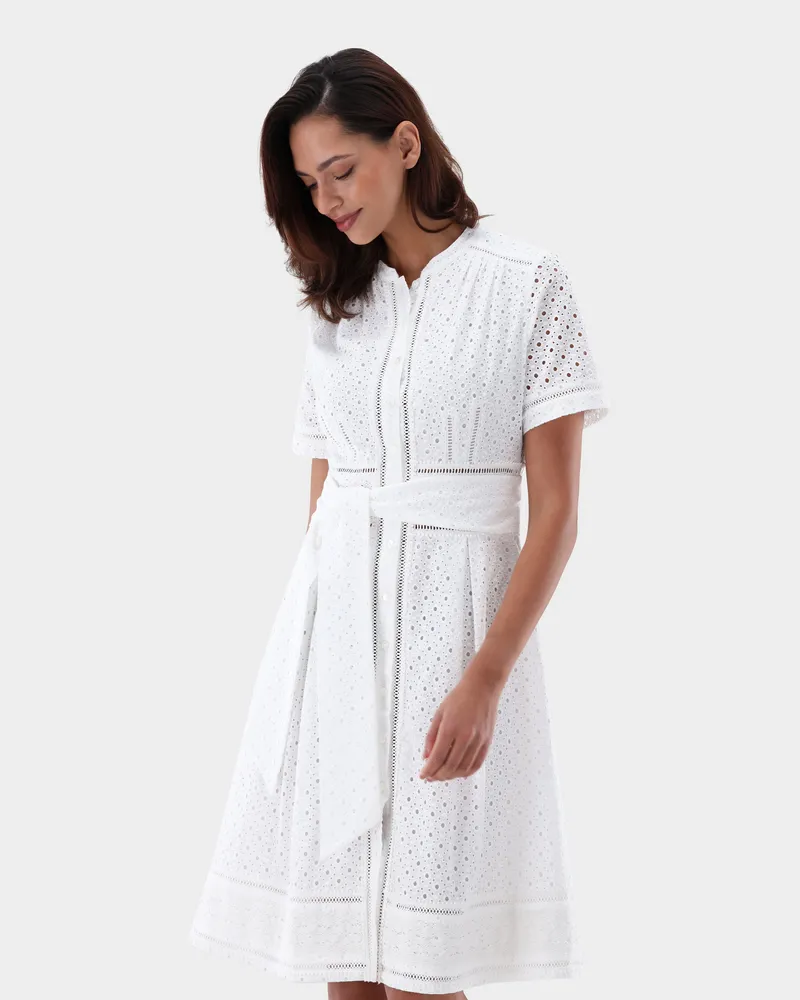 van Laack Kleid mit Lochstickerei knielang Weiß