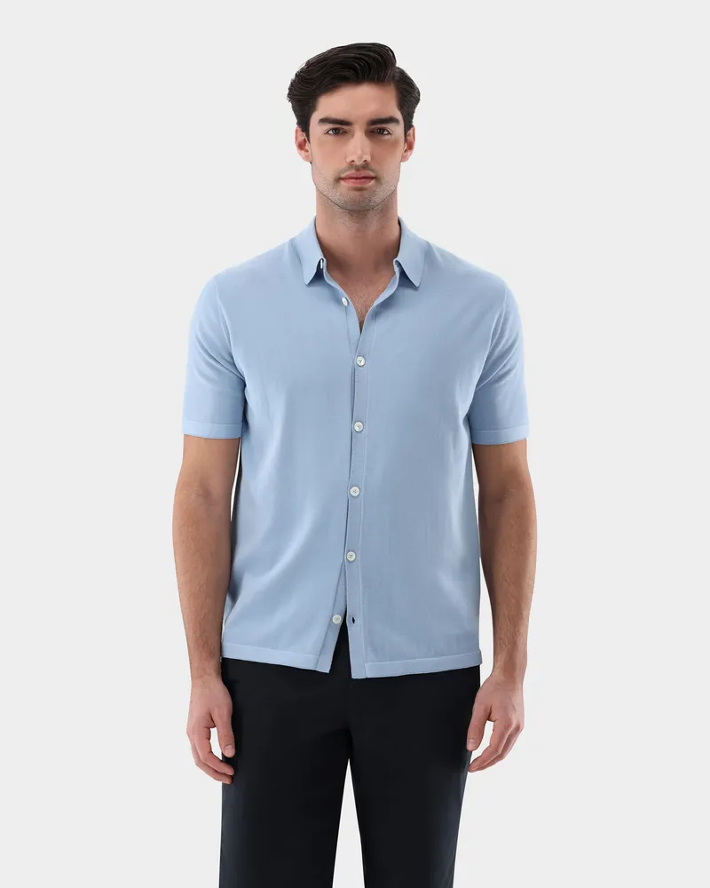 van Laack Strickhemd mit kurzarm aus Air Cotton Blau