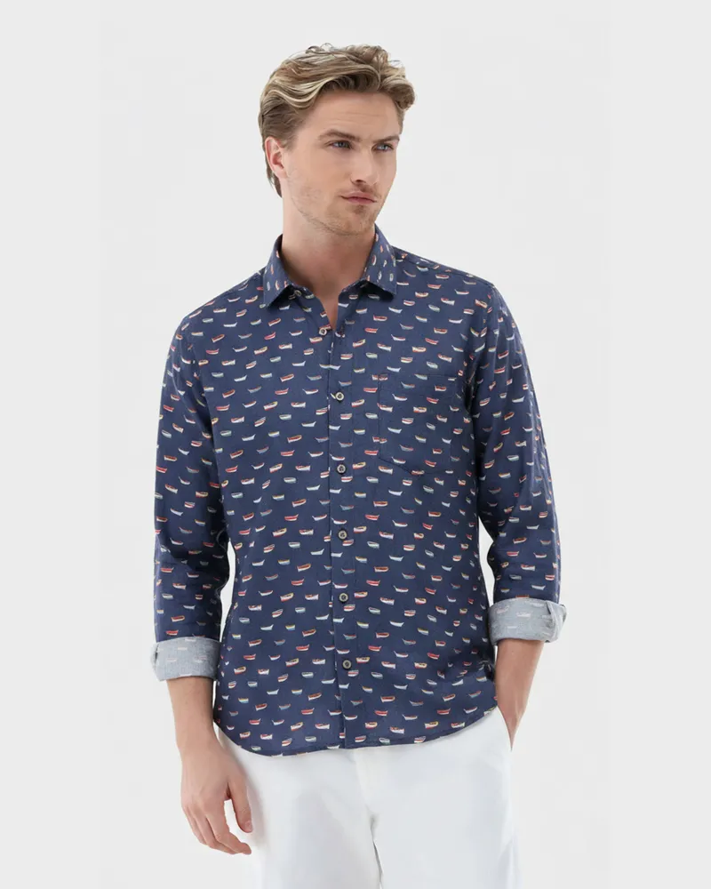 van Laack Leinenhemd mit Boot Druck Blau