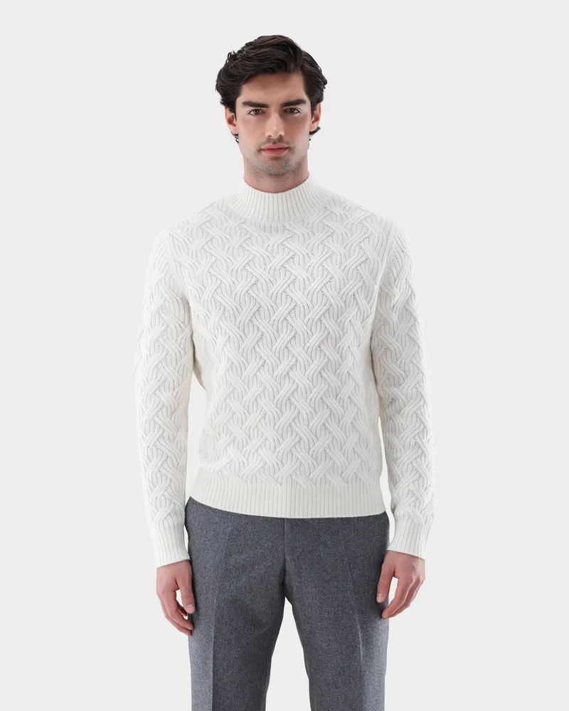 van Laack Stehkragenpullover mit Kaschmir und Zopfmuster Cremefarben
