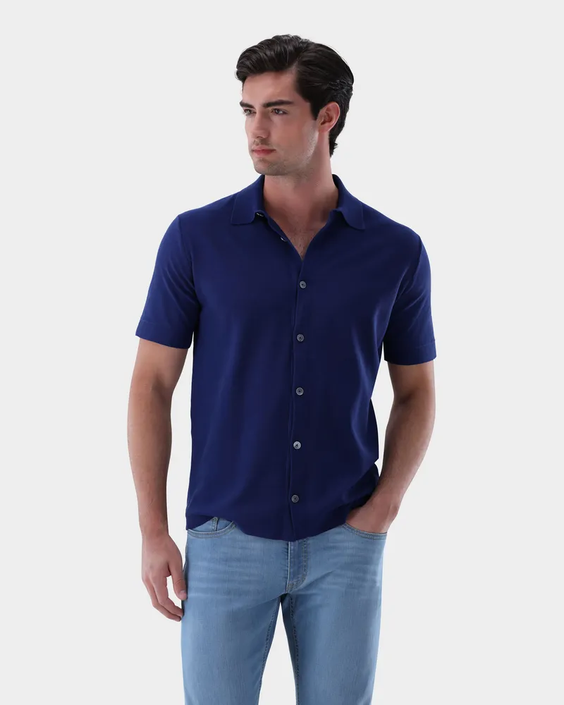 van Laack Kurzarm Strick Hemd aus Air Cotton Blau