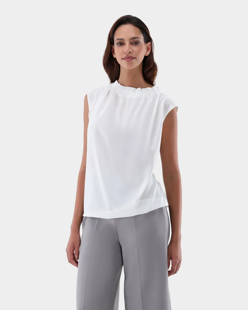 van Laack Bluse ärmellos aus Seide mit Falten Cremefarben