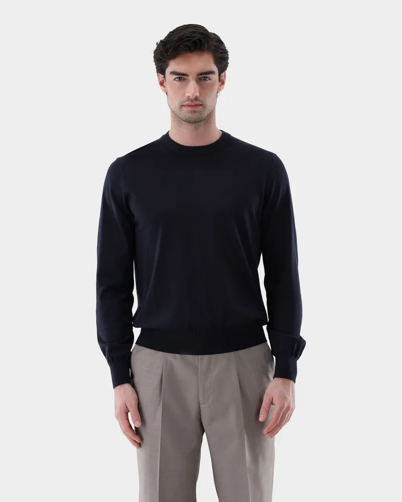 van Laack Rundhalspullover mit Baumwolle und Seide Blau