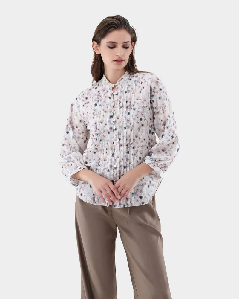 van Laack Stehkragenbluse mit Biesen an der Vorderseite Beige