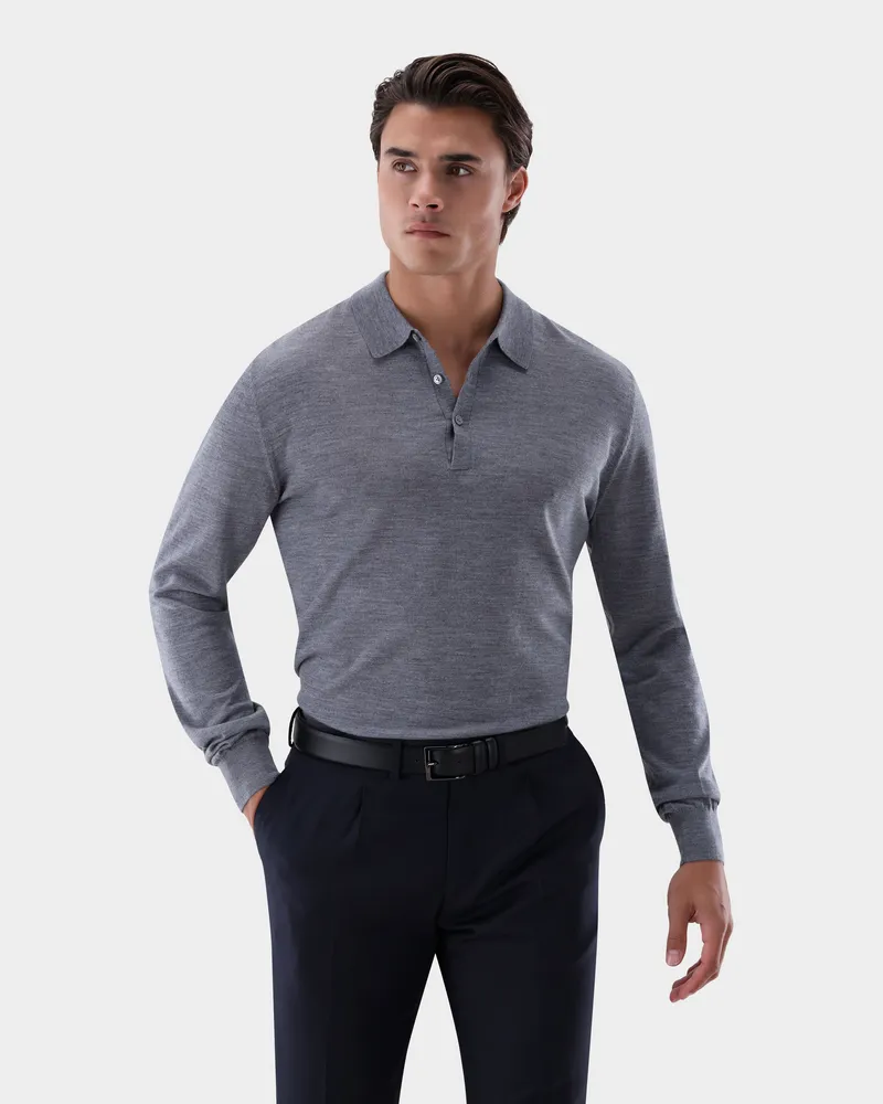 van Laack Poloshirt mit Langarm gestrickt aus Merinowolle Grau