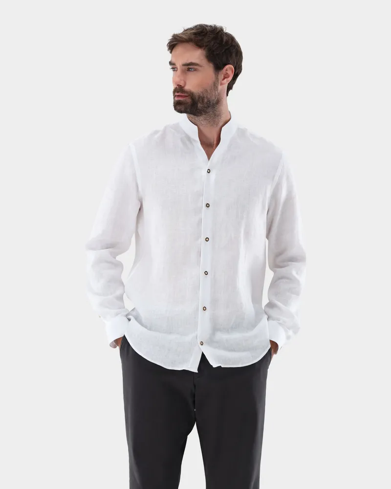van Laack Stehkragenhemd aus Leinen Weiß