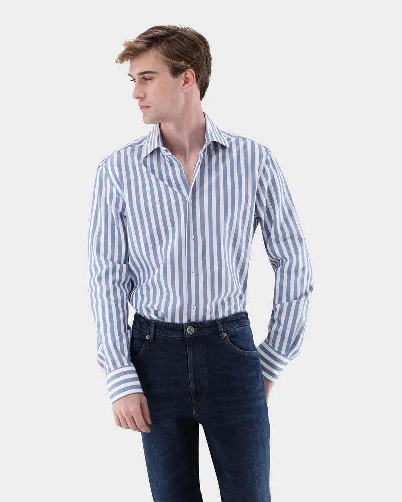 van Laack Gestreiftes Hemd mit Korbgeflecht Struktur und Haifischkragen Blau