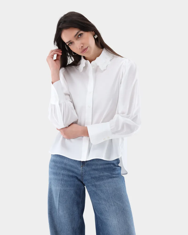 van Laack Cropped Hemdbluse mit Stickerei-Kragen Weiß