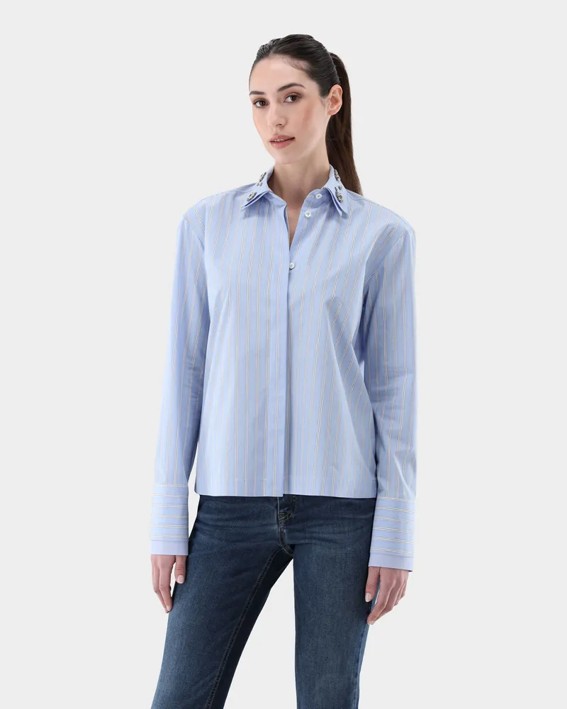 van Laack Gestreifte Hemdbluse Boxy Fit Blau