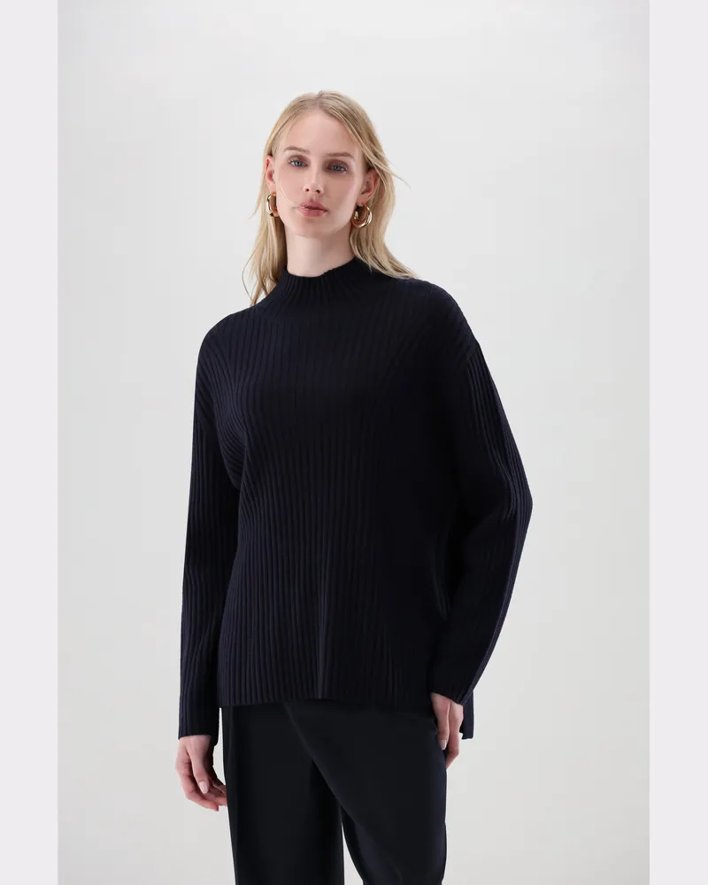 van Laack Stehkragenpullover aus Rippstrick Blau