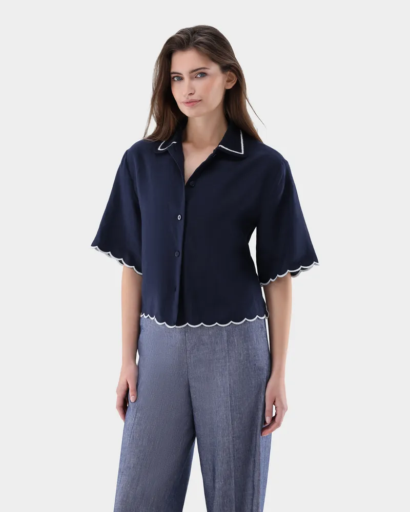 van Laack Kurzarm Hemdbluse aus Leinen mit Häkelkragen Blau