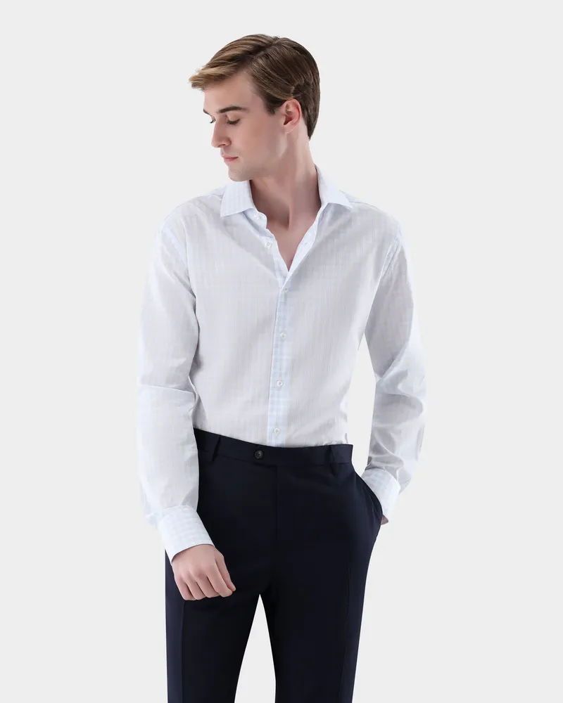 van Laack Kariertes Businesshemd aus Dobby Gewebe mit Haifischkrag Weiß