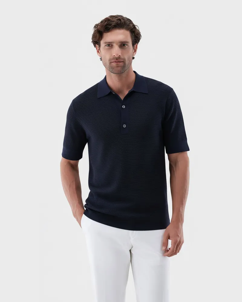 van Laack Strick Polo mit Retro Struktur Blau