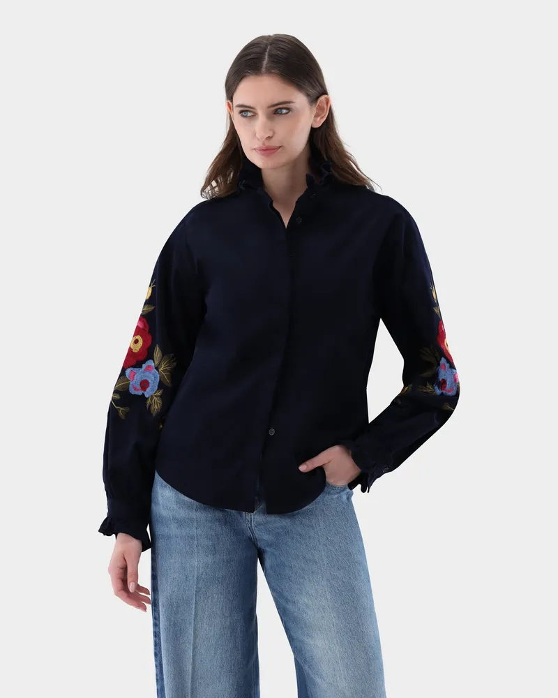 van Laack Bluse mit Bestickten Ärmeln und Rüschenkragen Blau