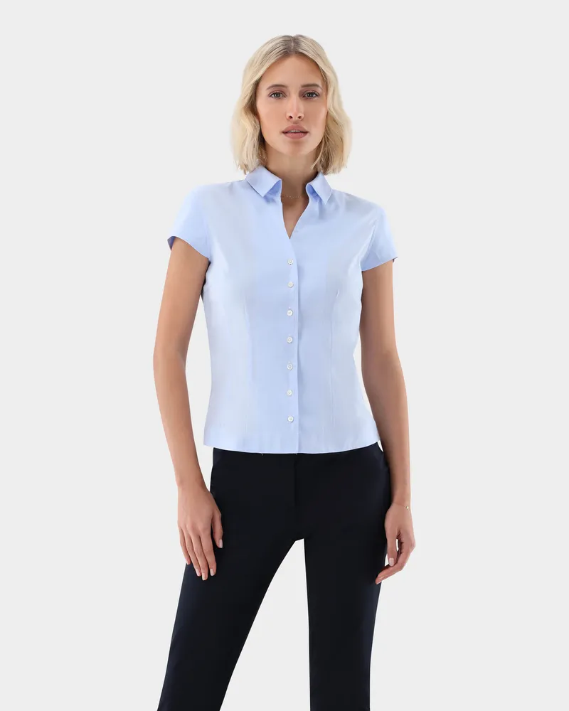 van Laack Natté Kurzarm Hemdbluse Blau