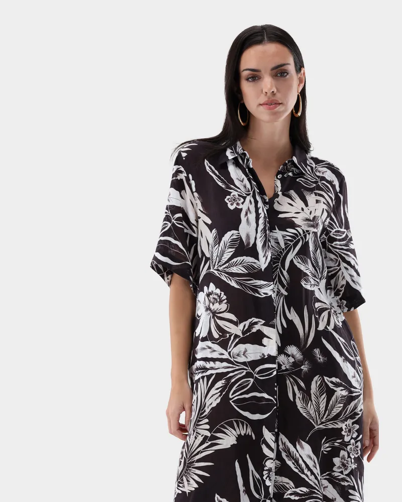 van Laack Hemdblusenkleid aus Leinen mit Palmen-Print Beige
