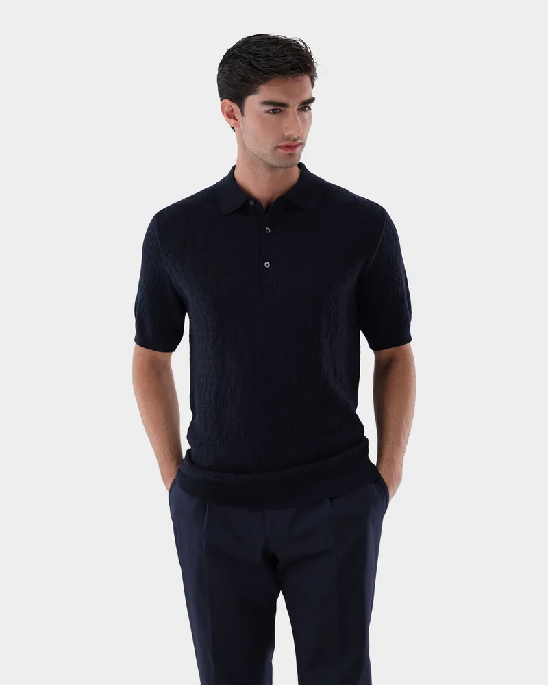 van Laack Strick Poloshirt mit Signature Jacquard Muster Blau