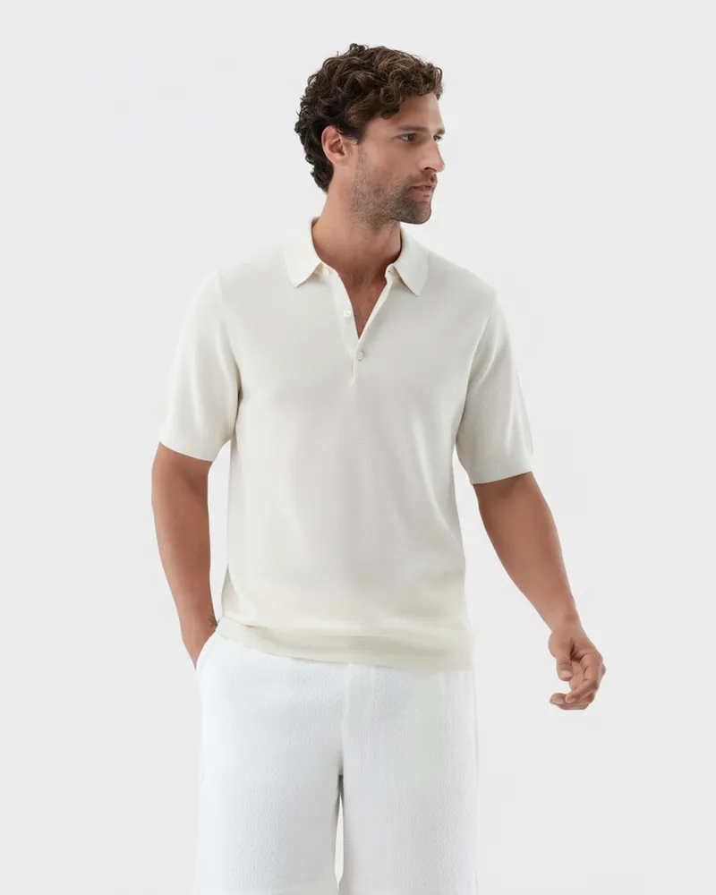 van Laack Strick-Poloshirt mit Reiskorn Optik Cremefarben