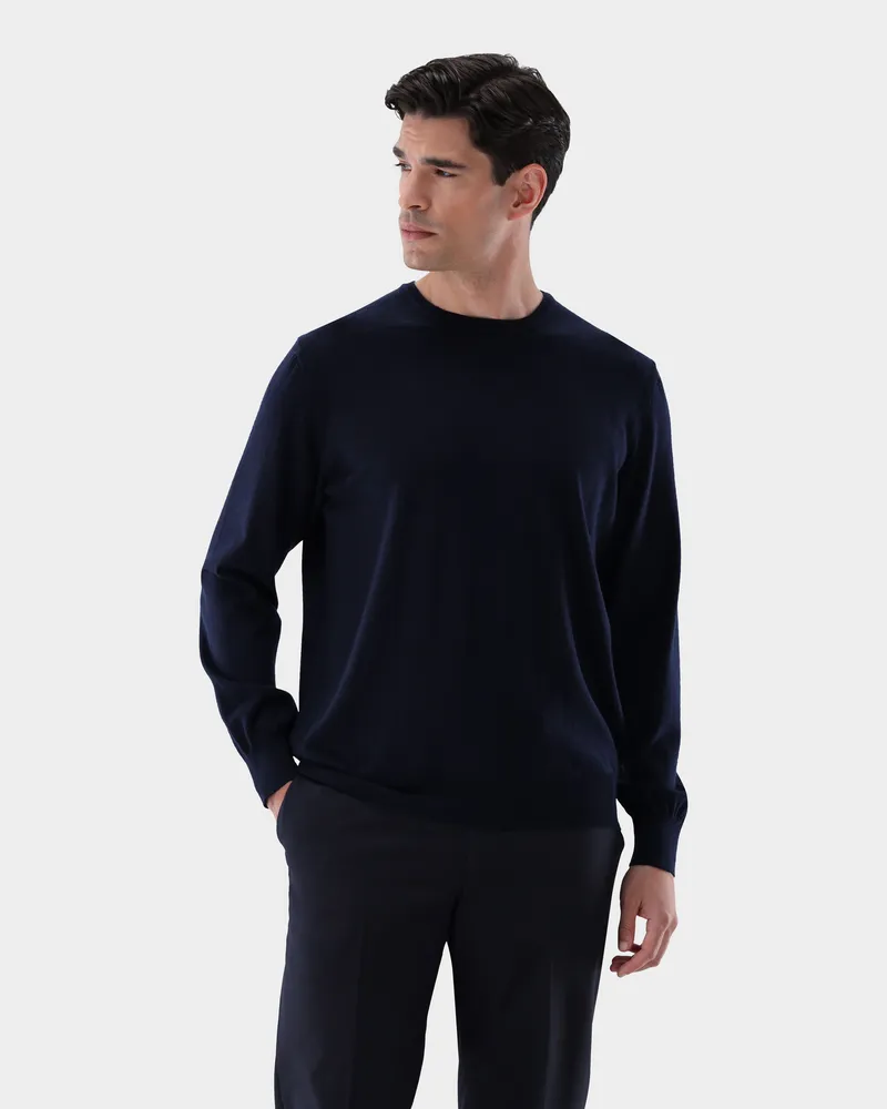 van Laack Rundhalspullover aus merzerisierter Merinowolle Blau