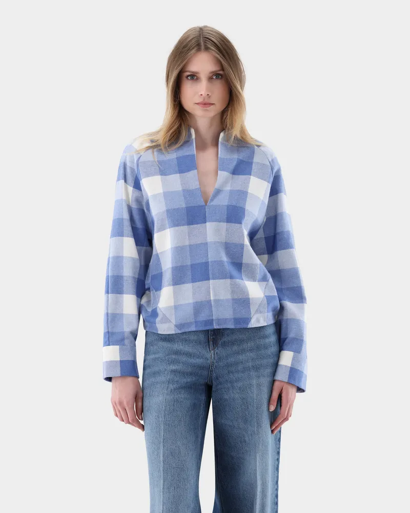 van Laack Karierte Kelchkragenbluse aus Flanell Blau