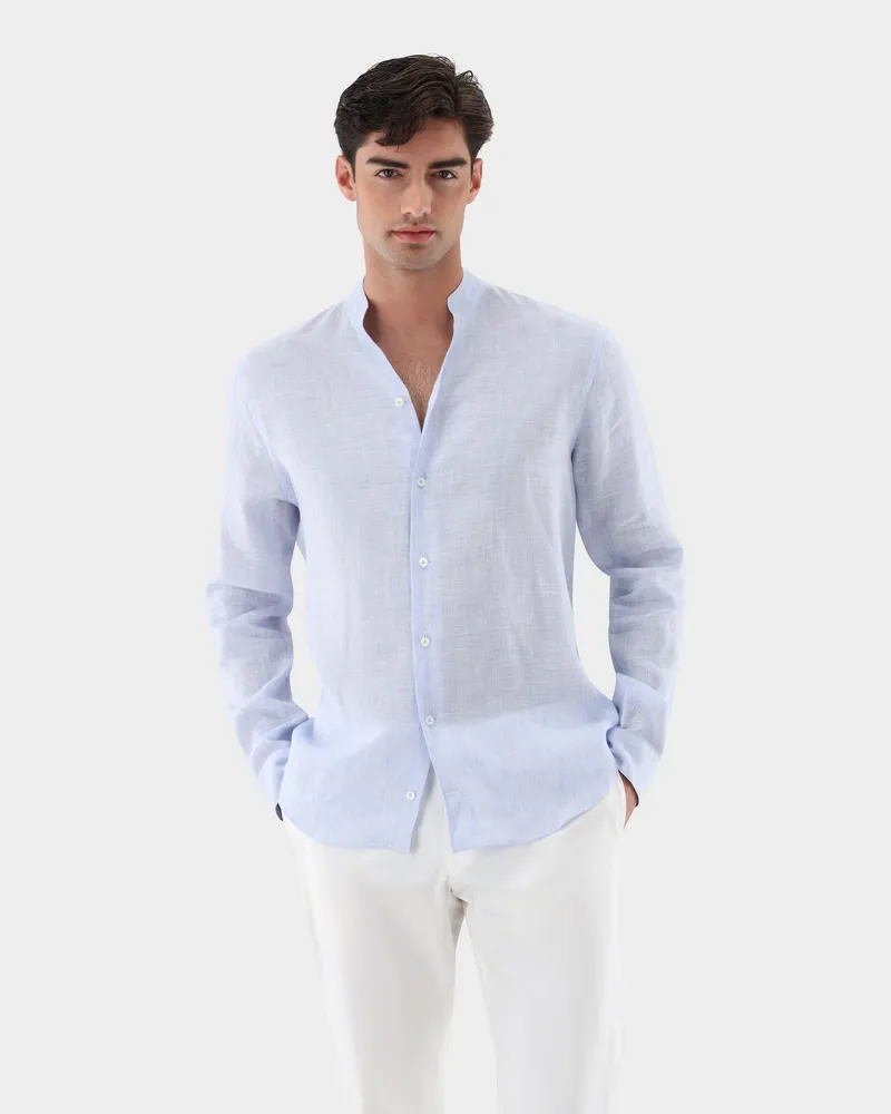 van Laack Leinenhemd mit Stehkragen Blau