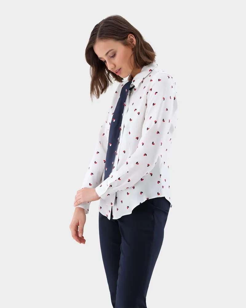 van Laack Schleifenbluse tailliert mit Herzchen Druck Cremefarben