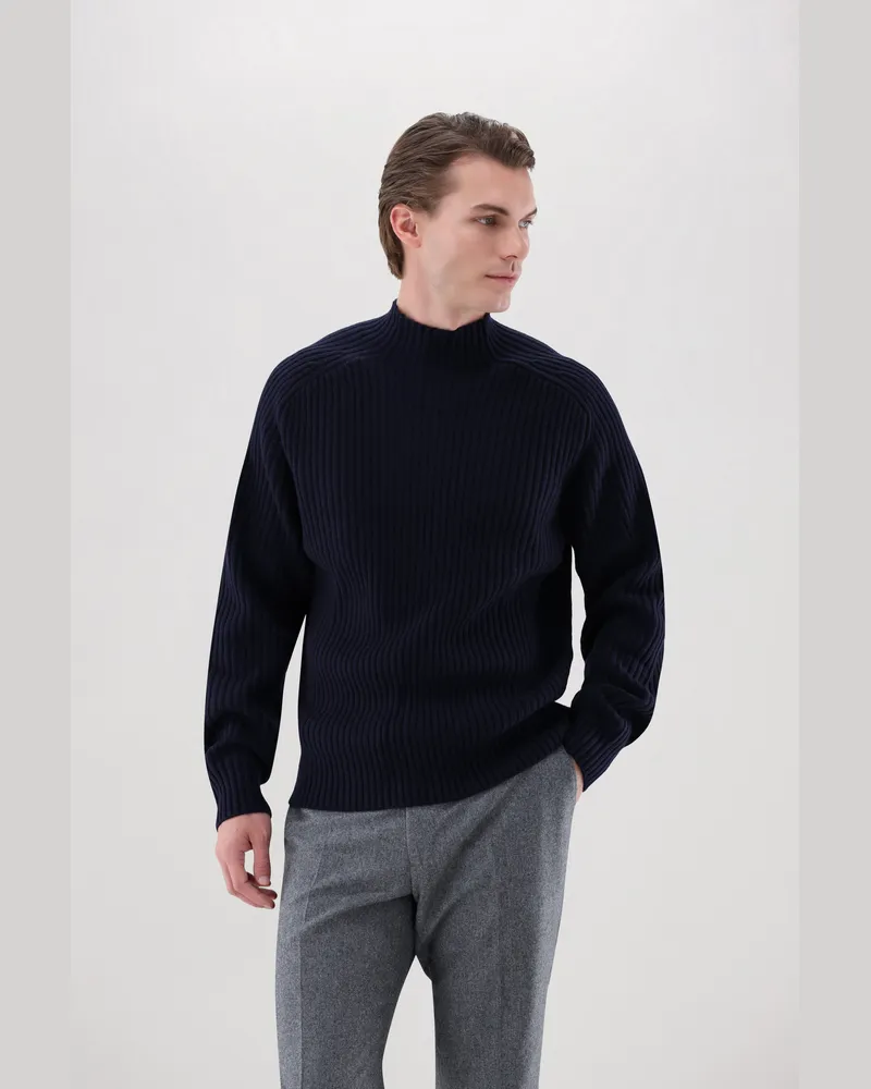 van Laack Stehkragenpullover gerippt mit Wolle und Kaschmir Blau