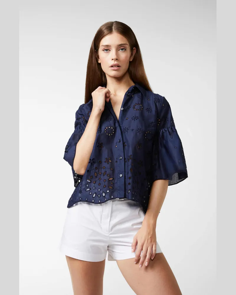 van Laack A-Linien Bluse mit Rüschendetails und Stickereien aus Baumwolle Blau Blau