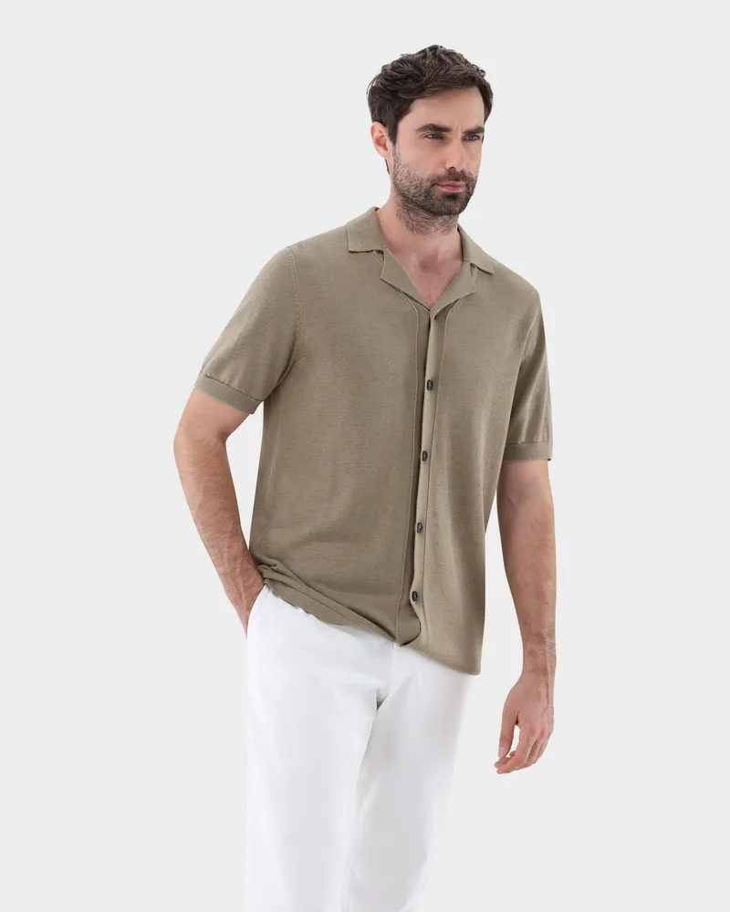 van Laack Strickhemd kurzarm mit Reverskragen Grün