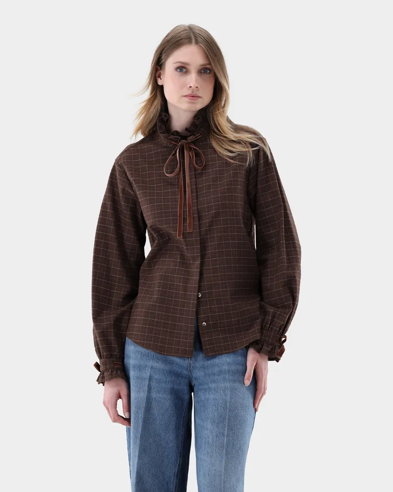 van Laack Karierte Flanellbluse mit Rüschen-Stehkragen Beige