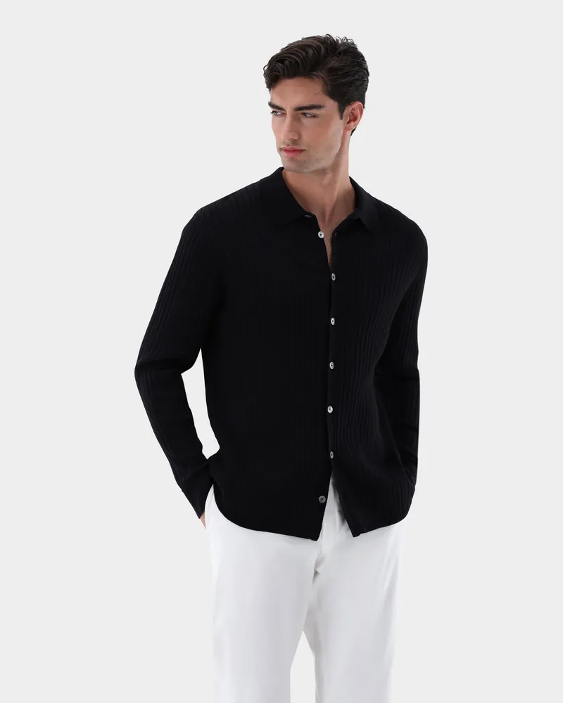 van Laack Strickhemd gerippt mit Seide Schwarz