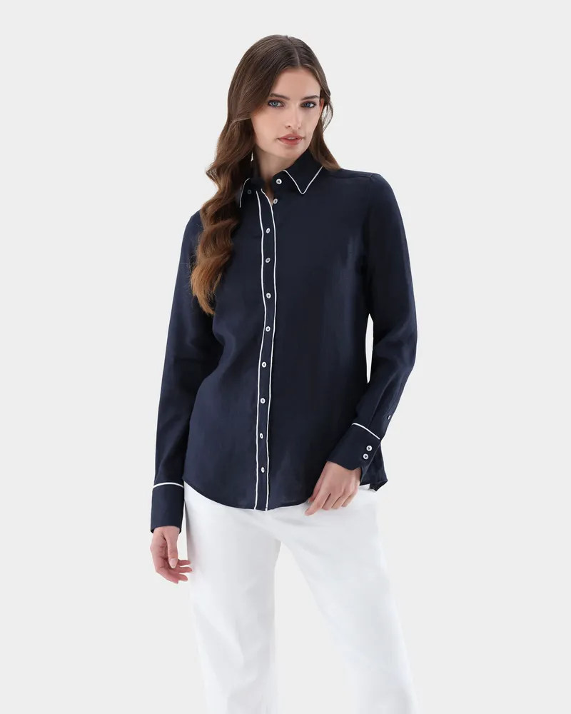van Laack Hemdbluse aus Leinen mit Kontrastpaspel Blau