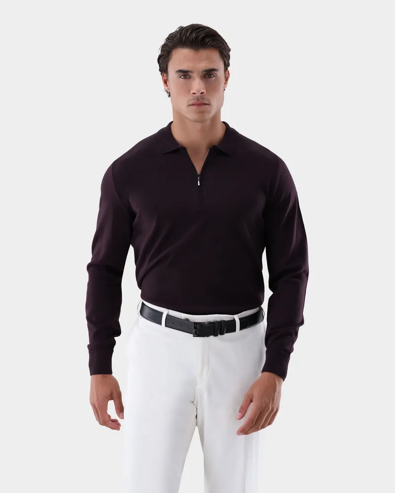 van Laack Poloshirt Langarm mit Reißverschluss aus merzerisierter Wolle Rot