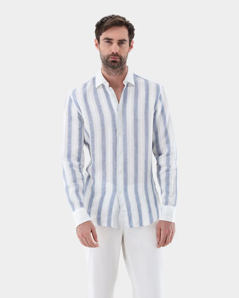 van Laack Leinenhemd gestreift mit weißem Kragen und Strukturmuster Weiß