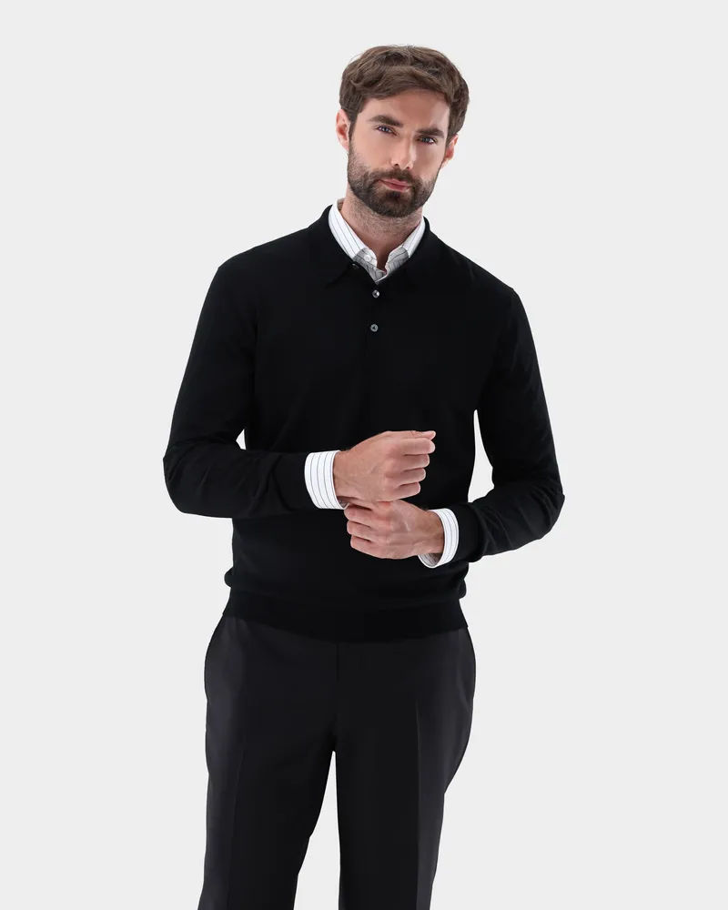 van Laack Poloshirt Langarm aus ultrafeiner Merinowolle Schwarz