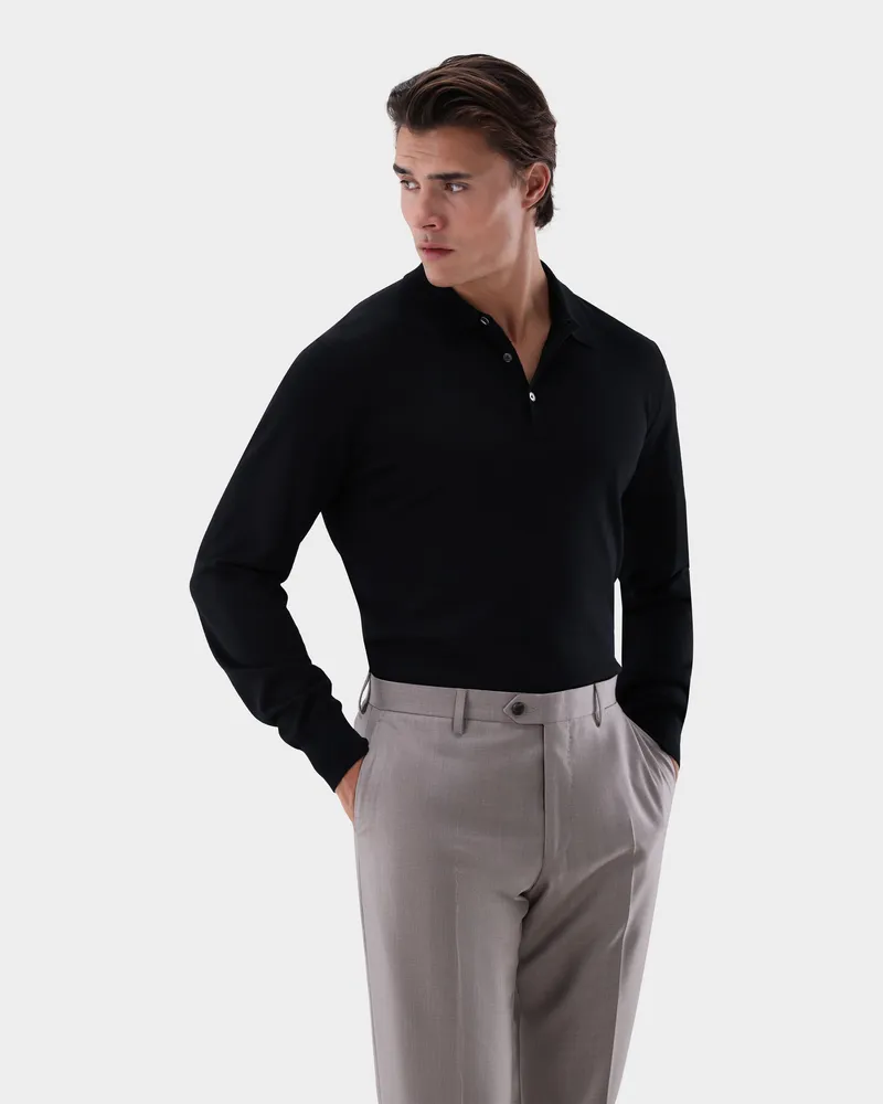 van Laack Poloshirt Langarm aus ultrafeiner Merinowolle Schwarz