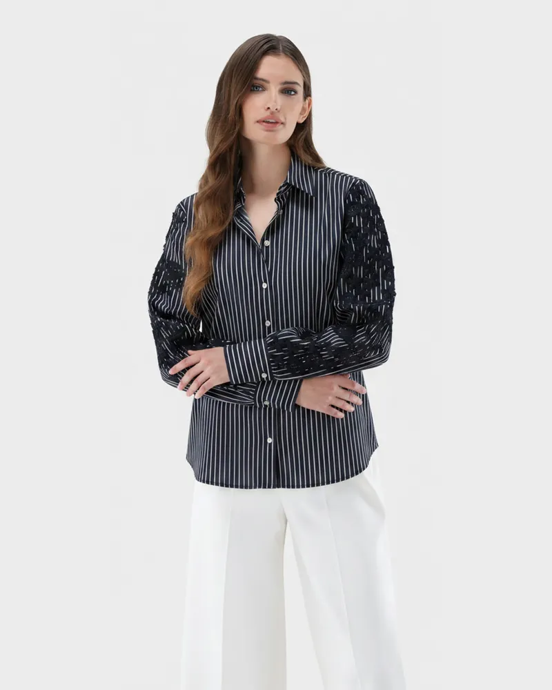 van Laack Gestreifte hemdbluse mit bestickten Ärmeln Blau