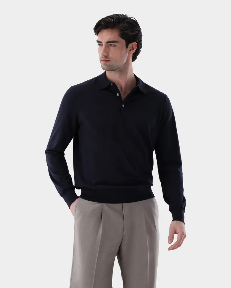 van Laack Langarm Strick-Poloshirt mit Baumwolle und Seide Blau