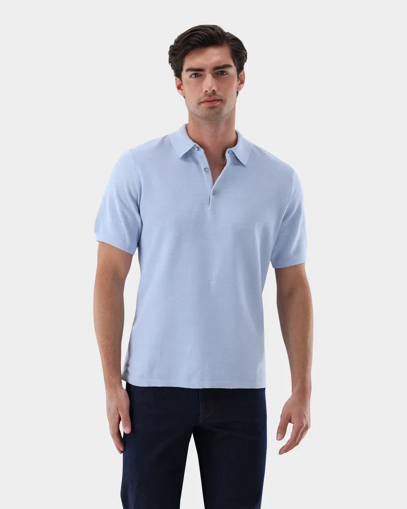 van Laack Strick Poloshirt mit Reiskorn Optik Blau
