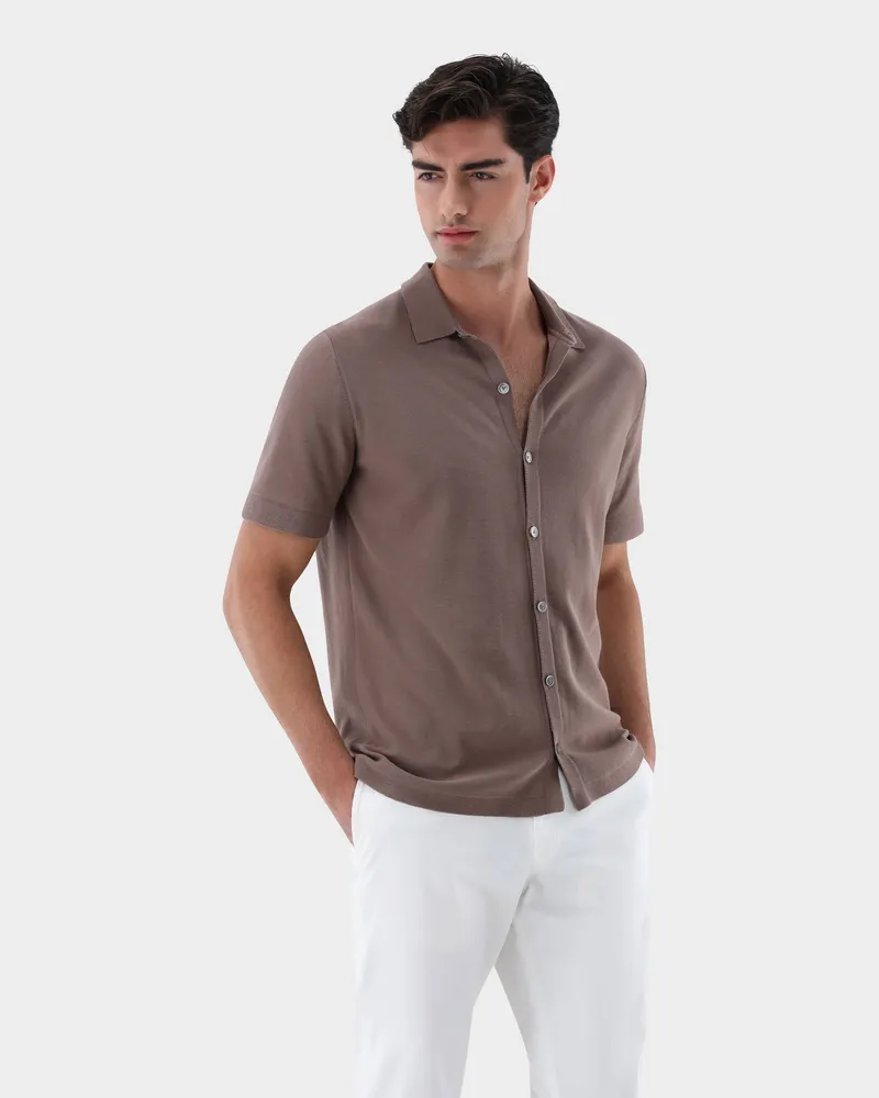 van Laack Strickhemd mit kurzarm aus Air Cotton Beige