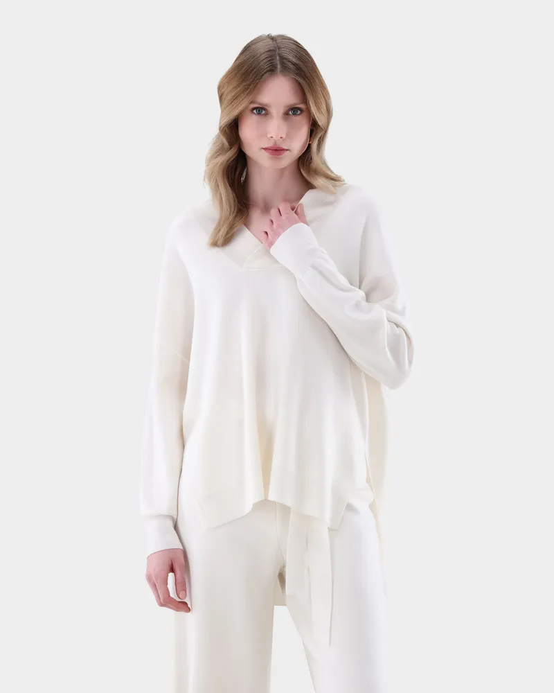 van Laack Pullover oversized mit V-Ausschnitt Cremefarben