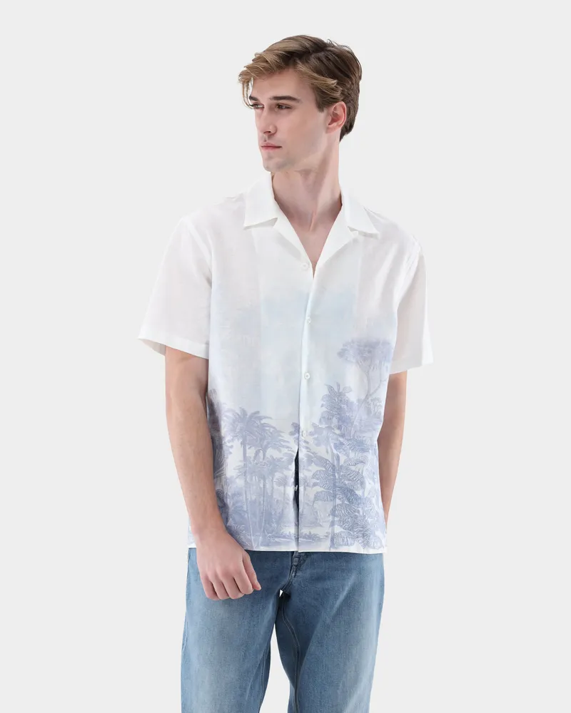 van Laack Kurzarm Bowlinghemd aus Leinen mit Druck Weiß